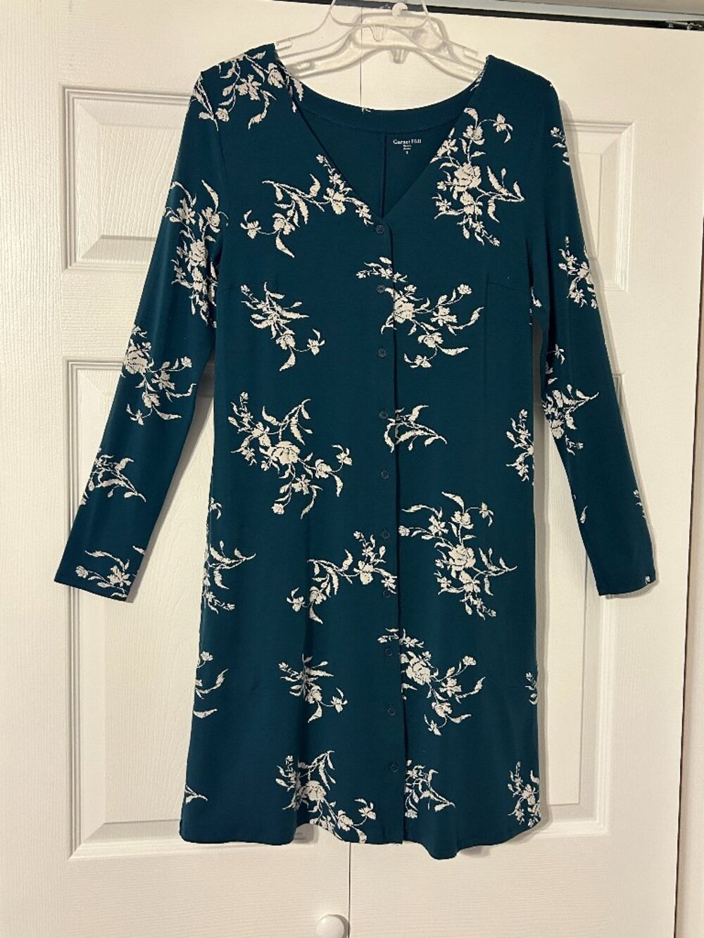 GARNET HILL Sz S Dark Teal Floral Button Down Front A-Line Dress w/ Pockets